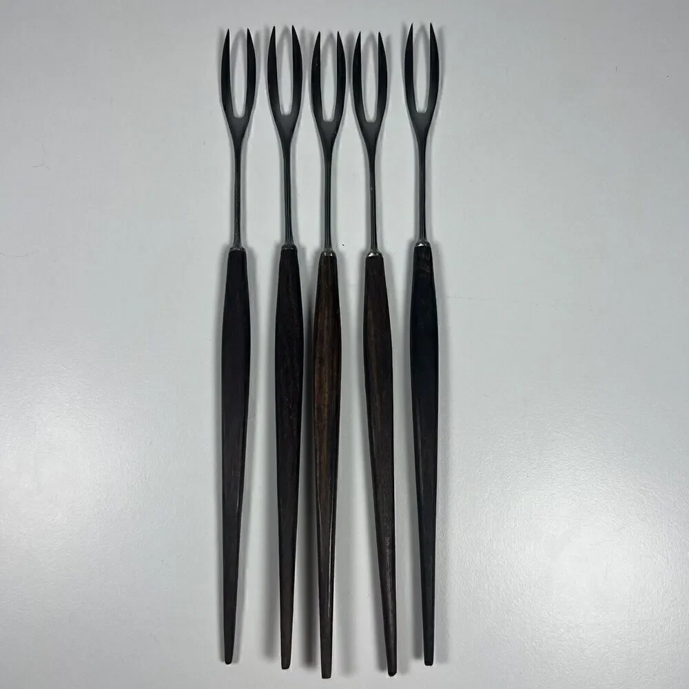 Vintage Fondue Fork Set 5 Dark Wood Handles Made in Japan Unbranded 10.5”